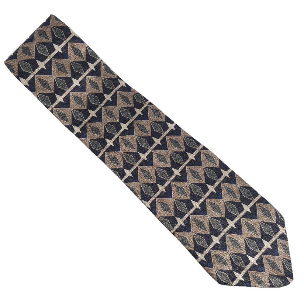 Haggar Black Label Men Tie Diamond Geometric 100% Silk Black Green Tan 57x4 -USA